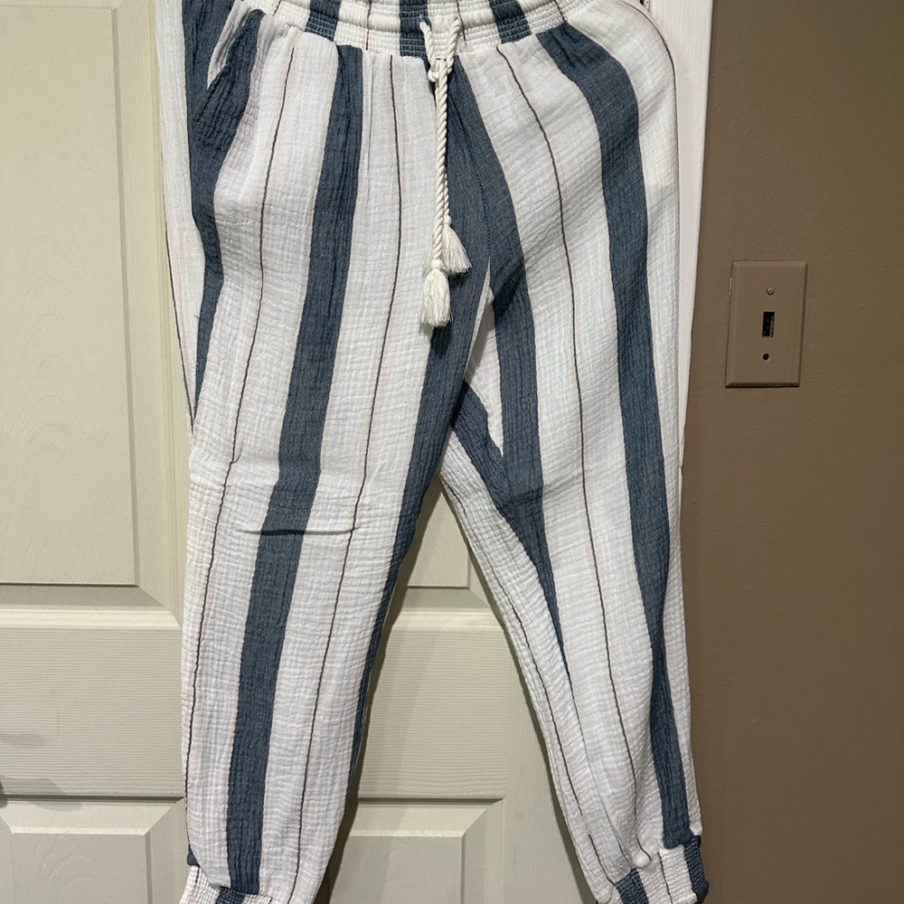 Striped White and Blue Jogger Pants